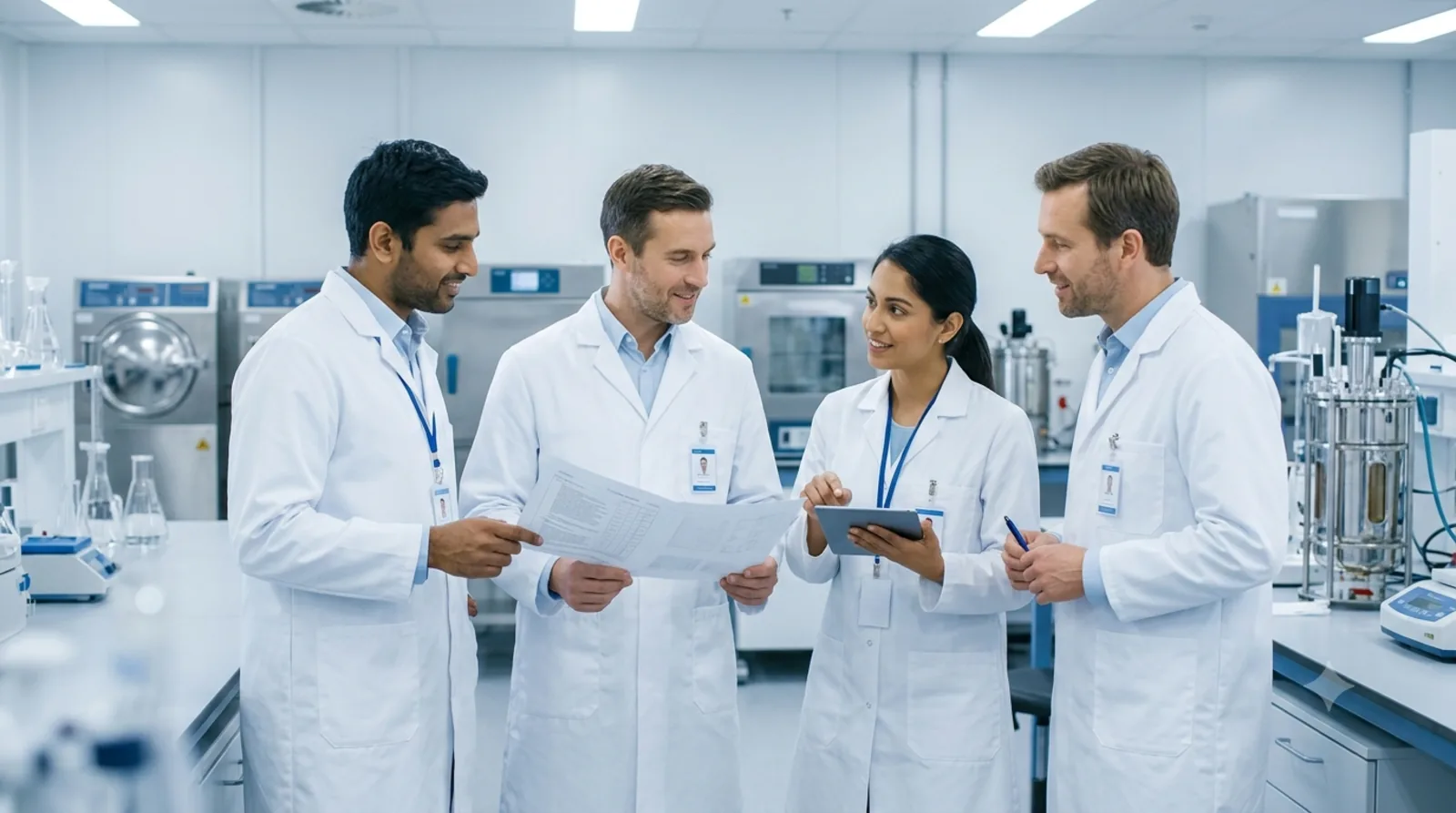 Equipe técnica em ambiente limpo analisando informações de trabalho.