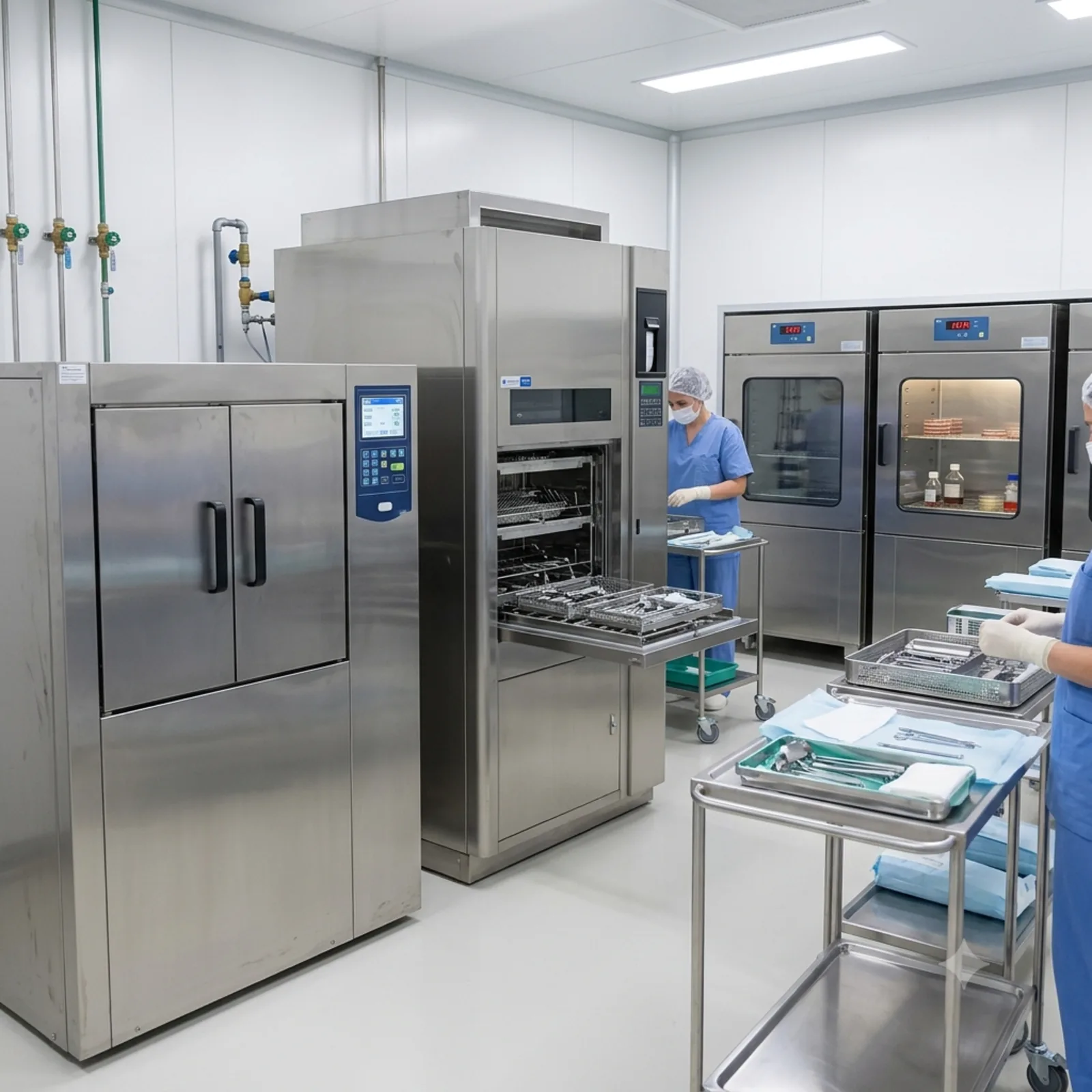 Equipamentos tecnicos hospitalares em ambiente limpo e organizado.