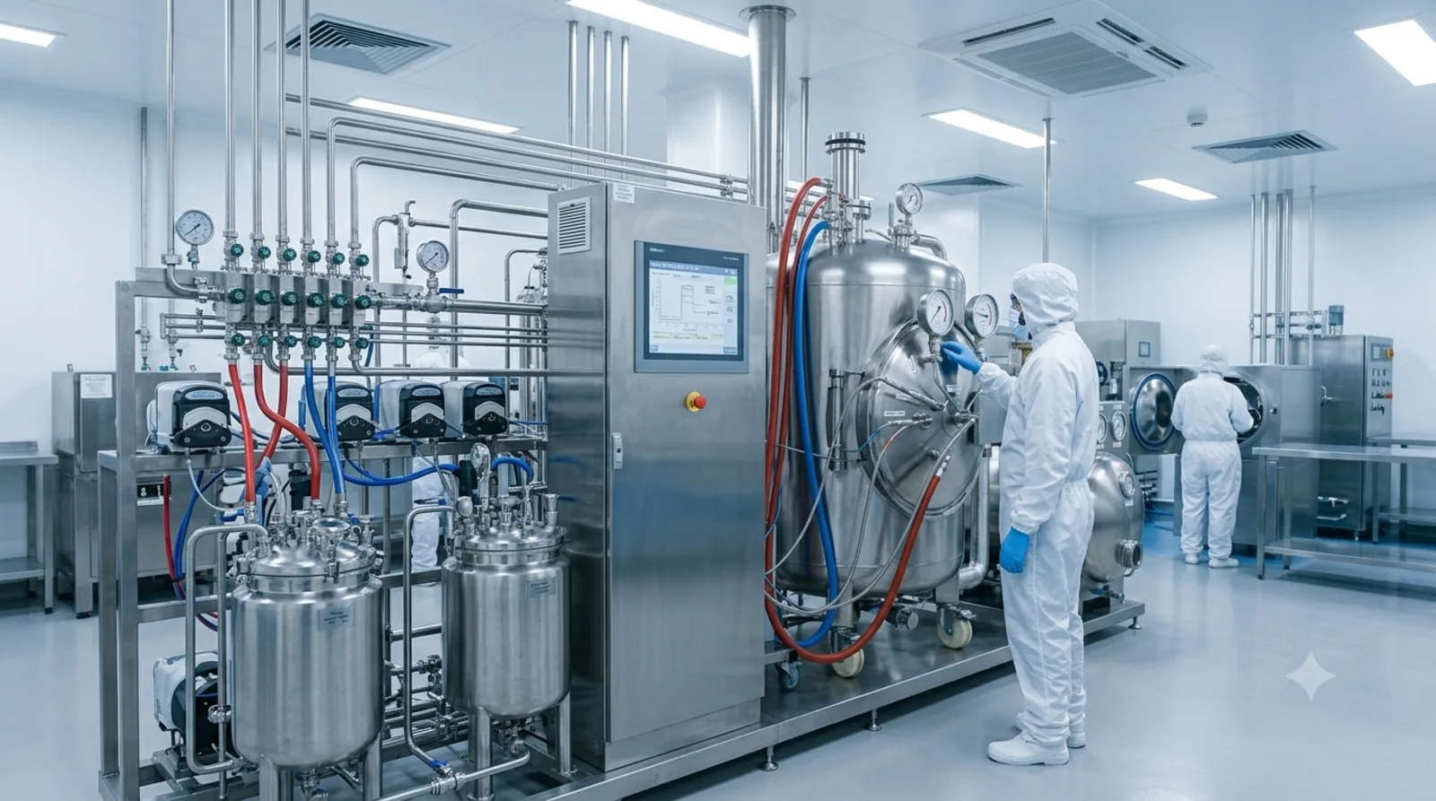 Equipamentos de producao em aco inox em ambiente tecnico limpo.