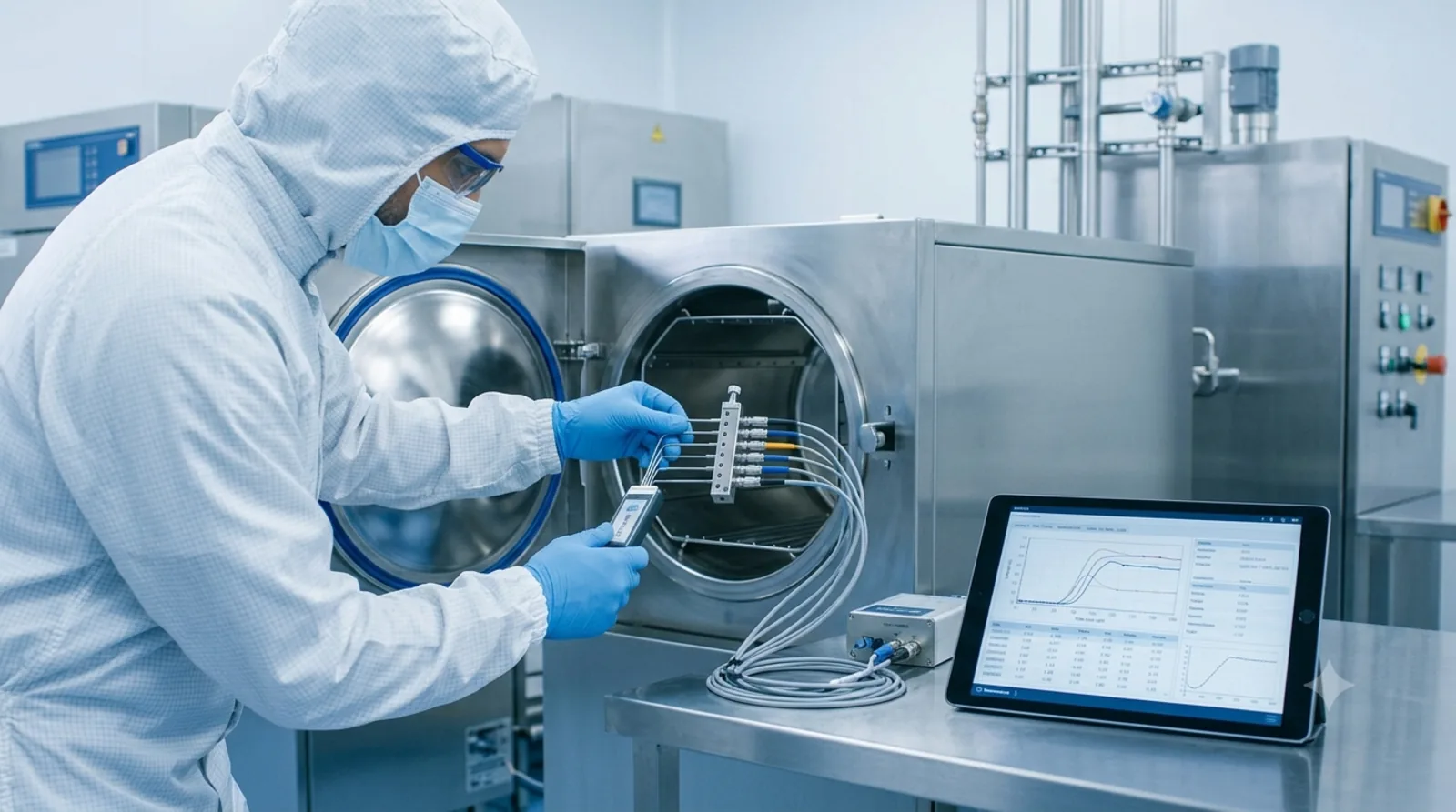 Técnico posicionando sensores de temperatura para qualificação de um equipamento, com aquisição de dados.