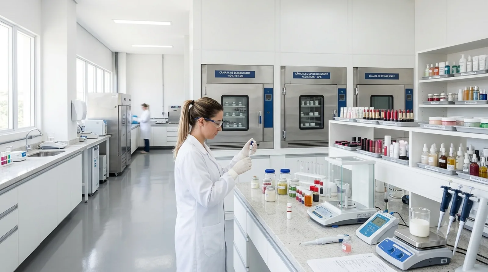 Bancada cosmetica com recipientes, vidrarias e instrumentos de controle.