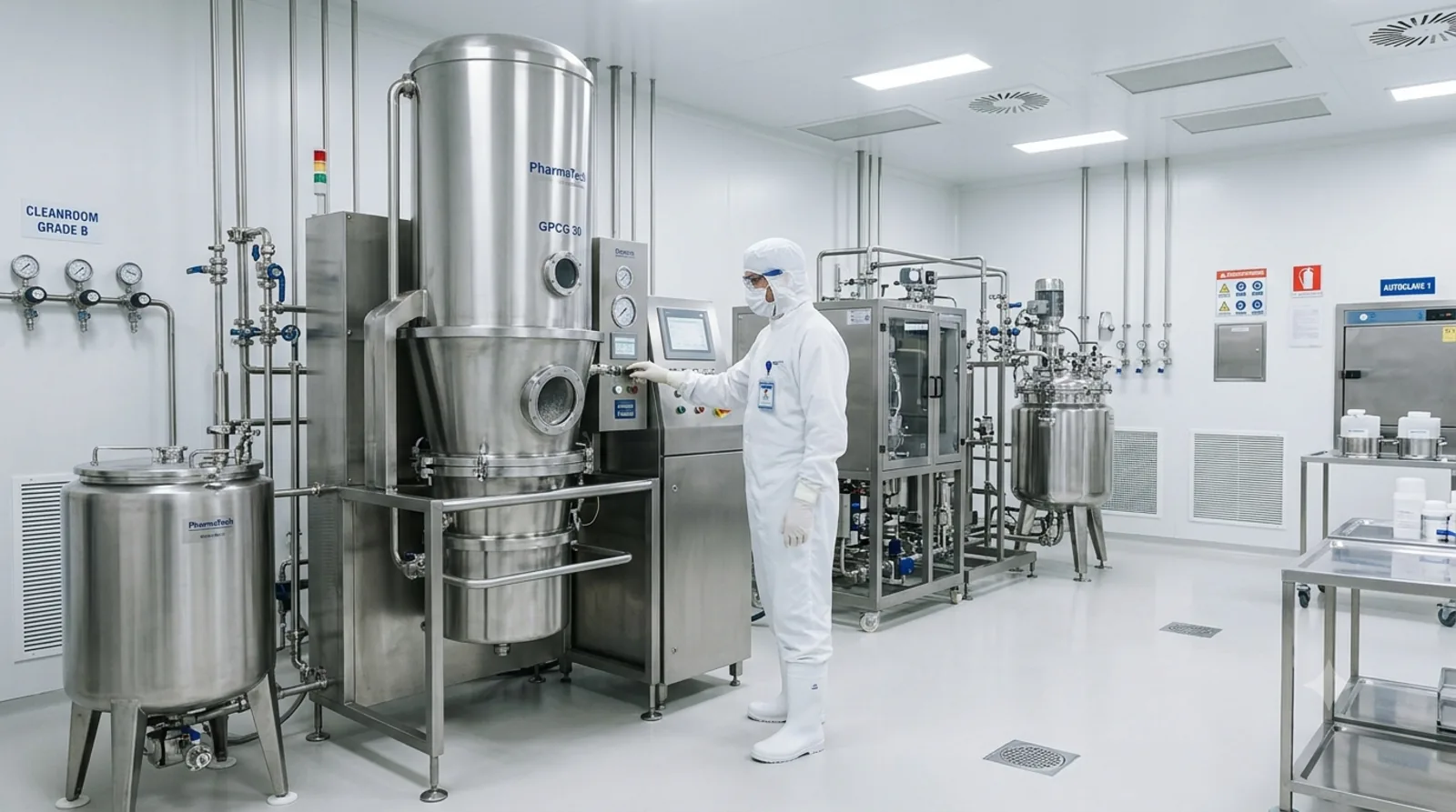 Ambiente farmaceutico controlado com equipamentos tecnicos e operador.