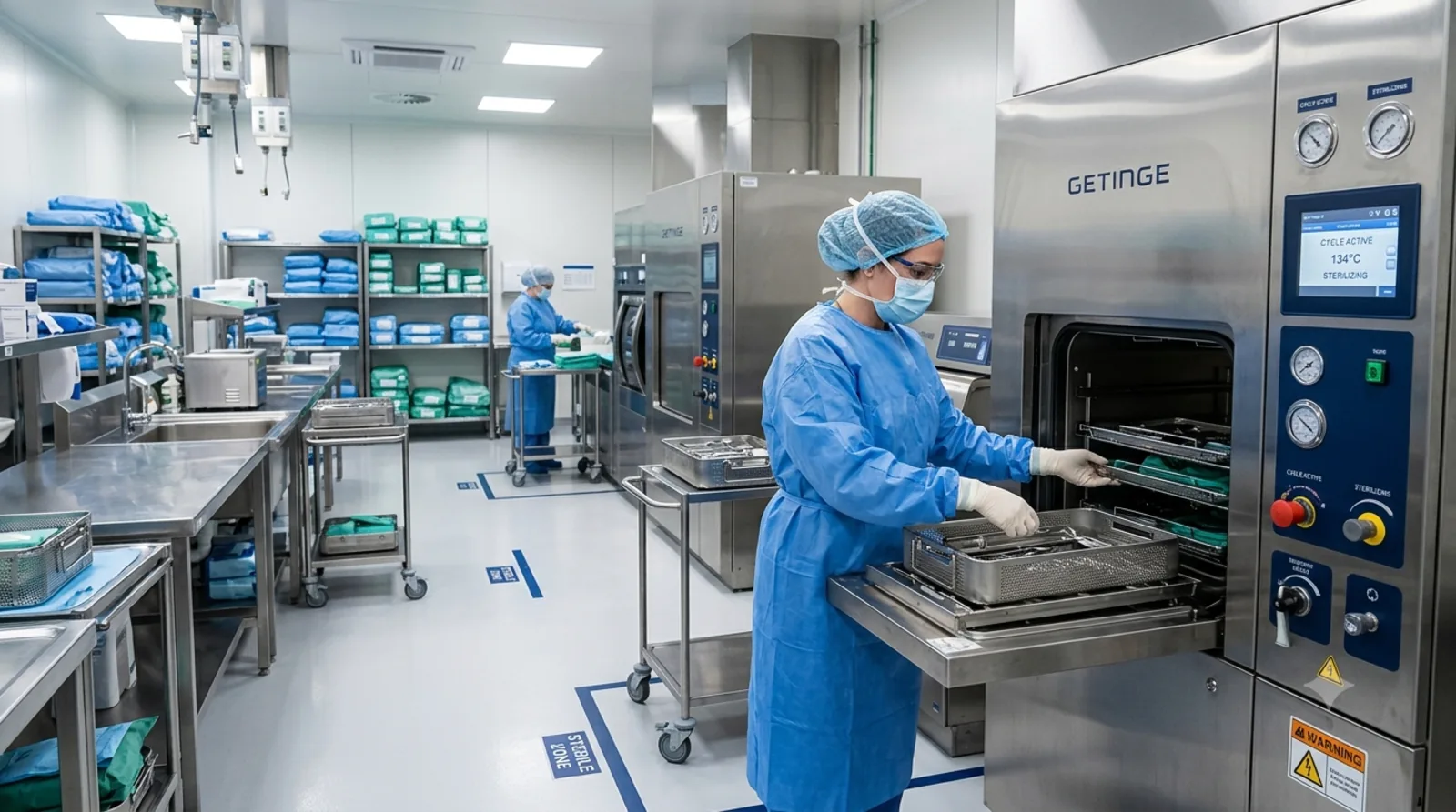 Ambiente hospitalar tecnico com profissional e materiais preparados para processos controlados.