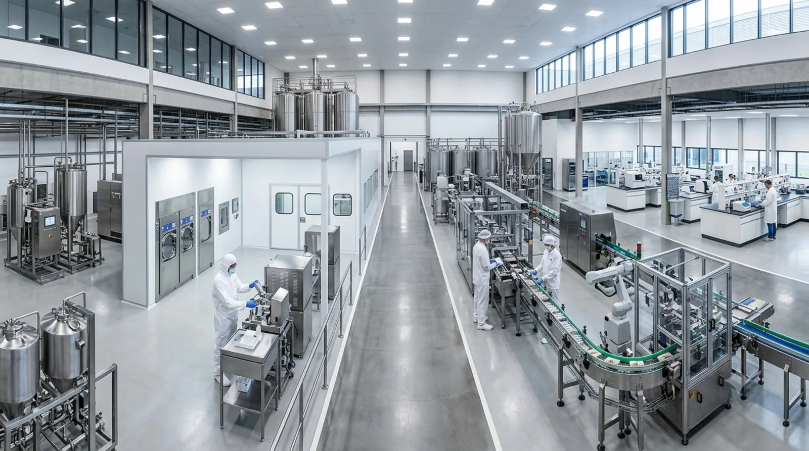 Ambiente tecnico controlado com equipamentos e areas de trabalho organizadas.